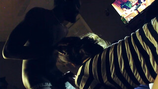 Black man POV filming a slutty brunette blowing his dick