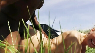 Amateur interracial couple having a nice fuck by the lake outside