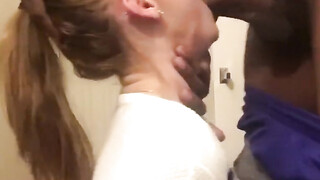 Young blonde tries to deepthroat a big black penis